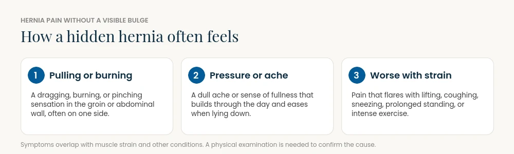 Three ways a hidden hernia can feel: pulling or burning, pressure or ache, and pain that worsens with strain